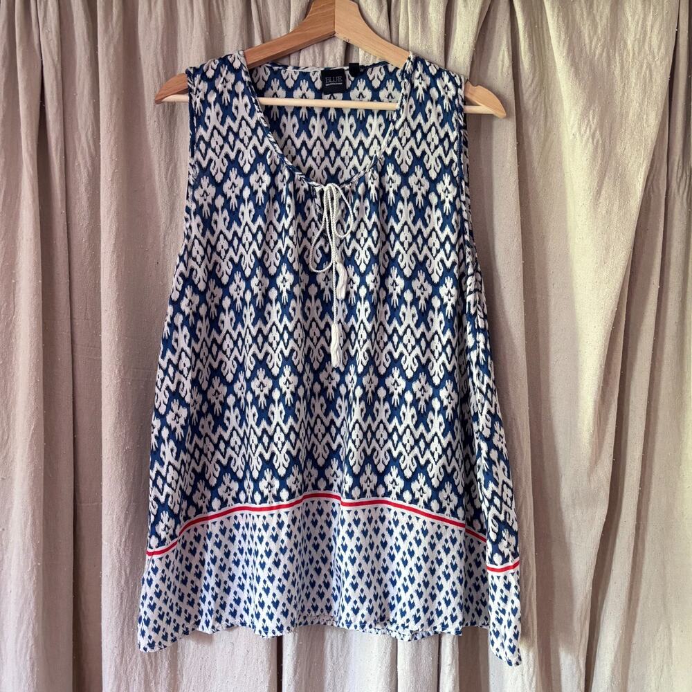 Blue Saks Fifth‎ Avenue Ikat Print Tassel Tie Swing Top XL Viscose Resortwear